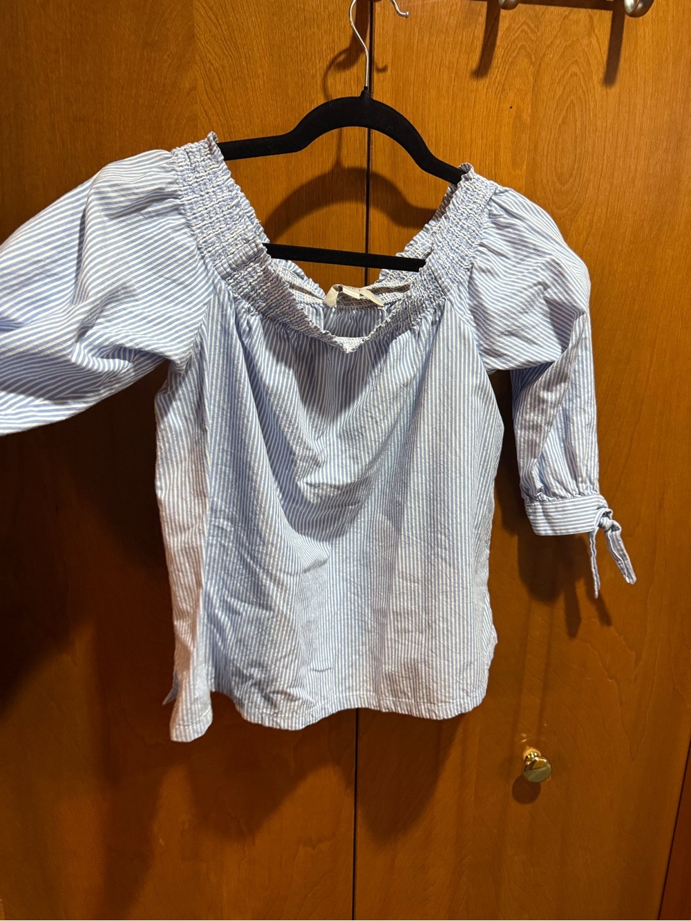 LOFT Blue and White Striped Off-Shoulder Blouse